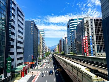 Panoramic view of city street and buildings against sky