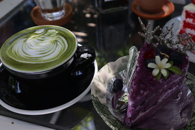 High angle view of coffee on table