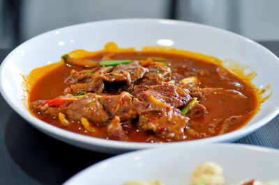 Close-up of soup served in bowl