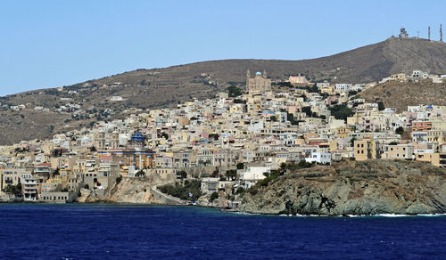 Aerial view of town by sea