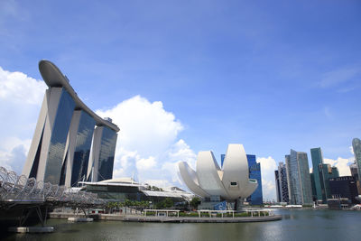 Bridge over river with buildings in background