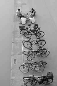 High angle view of bicycle on wall