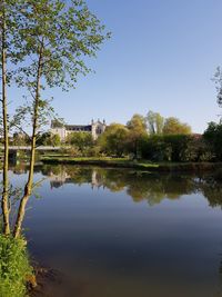 Scenic view of lake by trees against clear sky