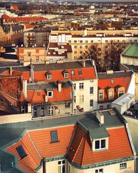 High angle view of buildings in city on sunny day