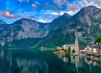 Panoramic view of hallstatt town in austria, old town near lake.