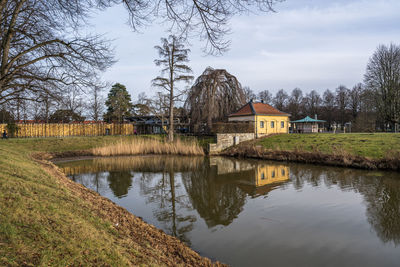 Reflection of trees and houses in lake against sky