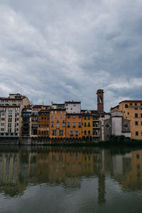 Buildings by river against sky