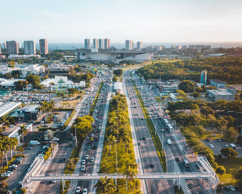 High angle view of street amidst buildings in city