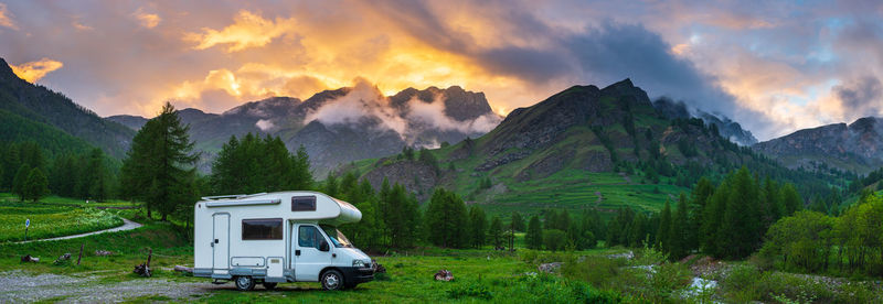 Scenic view of mountains against sky during sunset