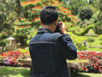 Rear view of man photographing against trees