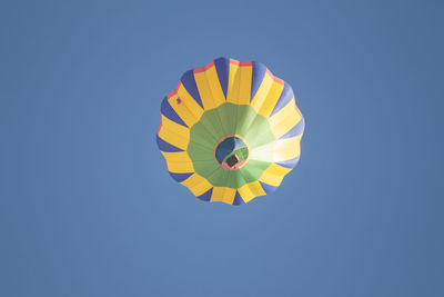 Low angle view of hot air balloon against clear blue sky