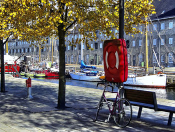 Bicycle parked on road against trees in city