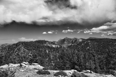 Scenic view of mountains against cloudy sky