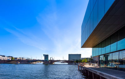 Bridge over river by buildings against blue sky