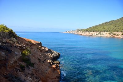 Scenic view of sea against clear blue sky