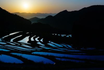 Scenic view of silhouette field against sky at sunset