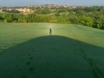 Man standing on green landscape against sky