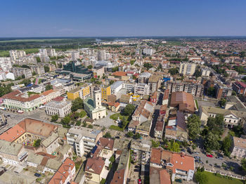 High angle shot of townscape against clear sky