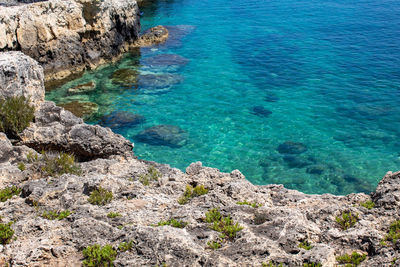 High angle view of rocks by sea