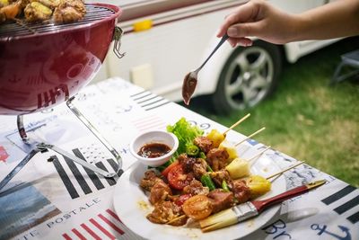 High angle view of meal served on table