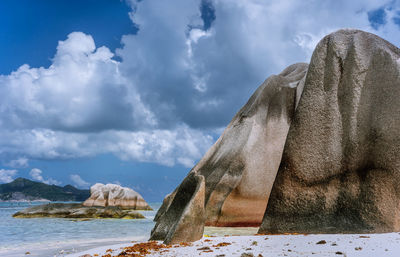 Rock formations by sea against sky