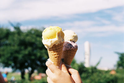 Close-up of hand holding ice cream cone