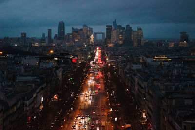 High angle view of illuminated buildings in city