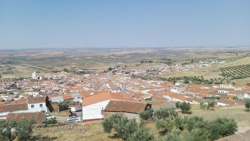 High angle view of townscape against clear sky