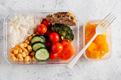 High angle view of fruits and vegetables on plate