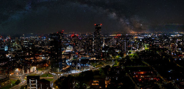 Aerial shot of manchester, uk at night.