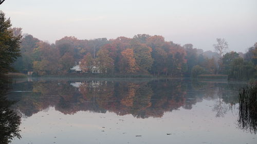 Reflection of trees in lake against clear sky