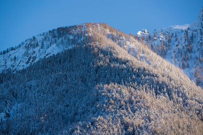 Low angle view of snowcapped mountains against clear blue sky