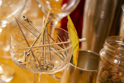 High angle view of wine in glass on table