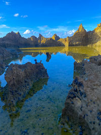 Scenic view of lake and mountains against blue sky