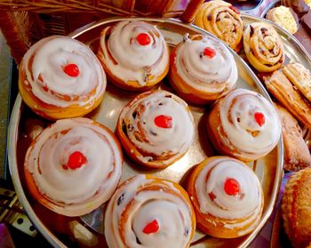 High angle view of iced buns