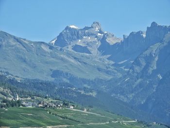 Scenic view of snowcapped mountains against clear sky