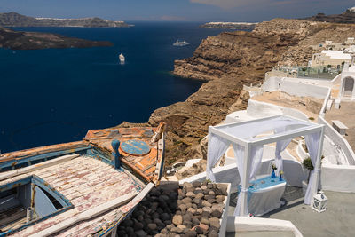 Wedding decoration and boat on mountain at santorini