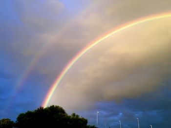 Low angle view of rainbow over trees against sky