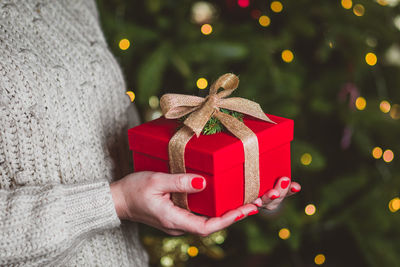 Midsection of woman holding christmas gift against tree