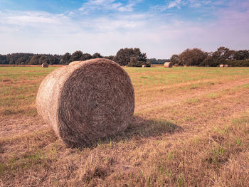 Hay bales on field against sky