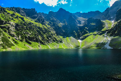 Scenic view of lake and mountains against sky