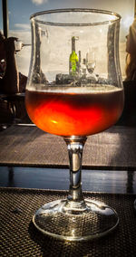 Close-up of beer in glass on table