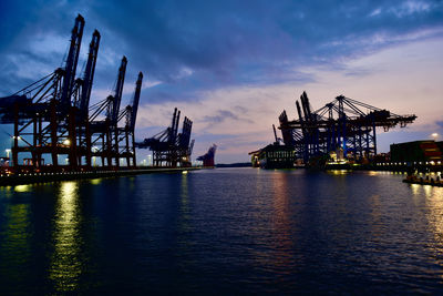 Cranes at commercial dock against sky during sunset