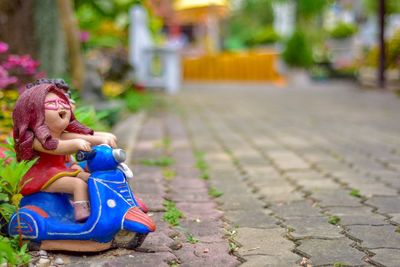 Close-up of garden decor on footpath