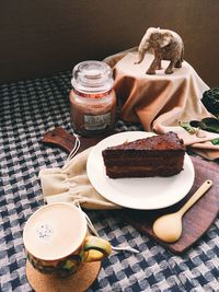 High angle view of food and drink on table