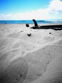 Surface level of sand on beach against sky