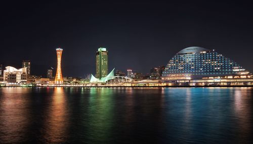 Illuminated city buildings at night