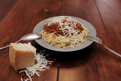 High angle view of food served on table