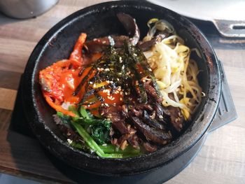 High angle view of noodles in bowl on table