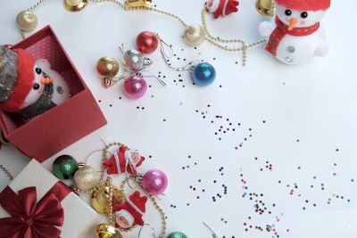 High angle view of christmas decorations on table